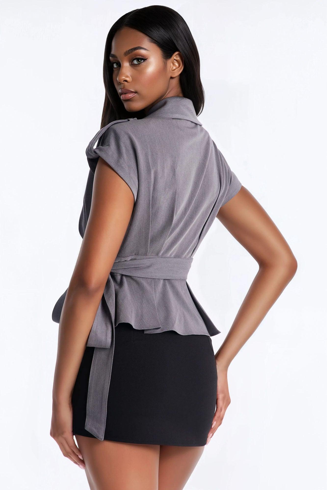 Sensational Shoulder Pads Tie Waist Top - Charcoal Female Product Image