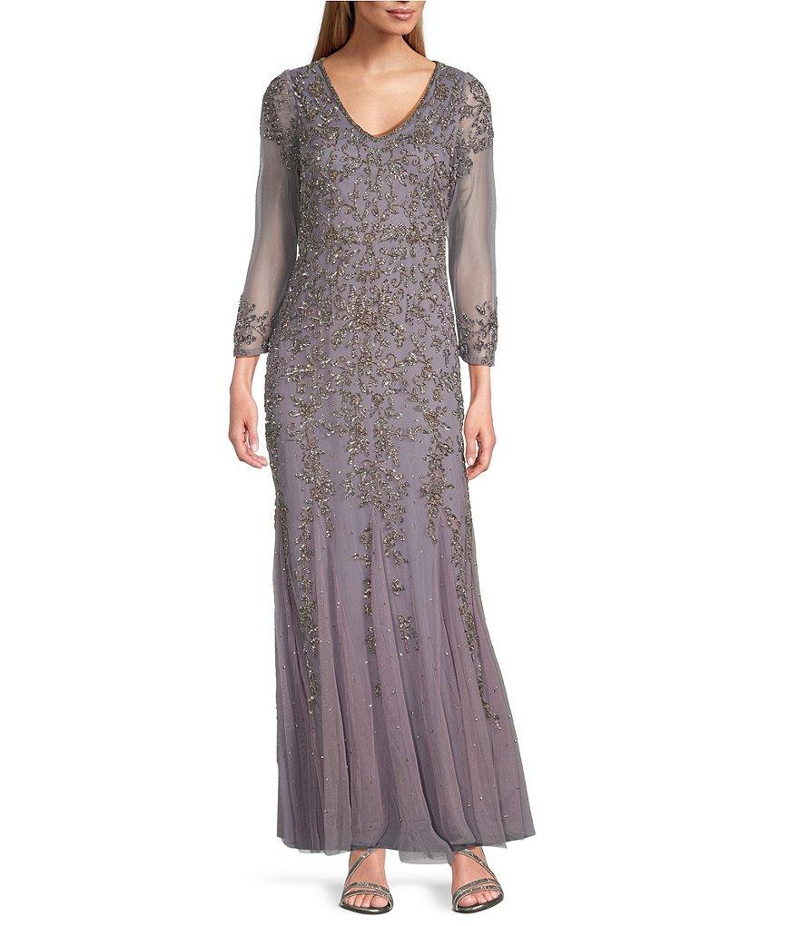 Pisarro Nights Beaded Mesh V Neck 3/4 Sleeve Fit and Flare Gown Product Image