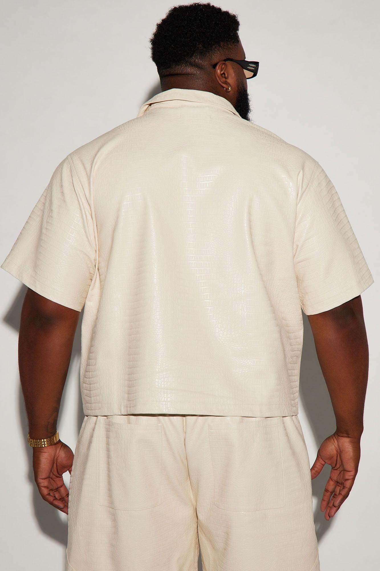 Gotta Run Faux Croc Leather Cropped Button Up Shirt - Cream Product Image