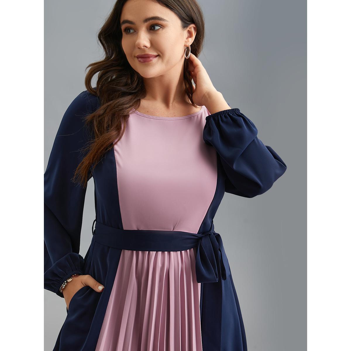 Plus Size Color-Block Stretchy Waist-Cinched Pockets Dress Indigo Women At the Office Belted Boat Neck Long Sleeve Curvy BloomChic 10/M Product Image
