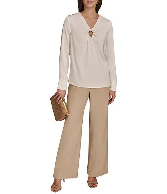 Donna Karan Satin Gold Hardware Keyhole V-Neck Long Sleeve Top Product Image