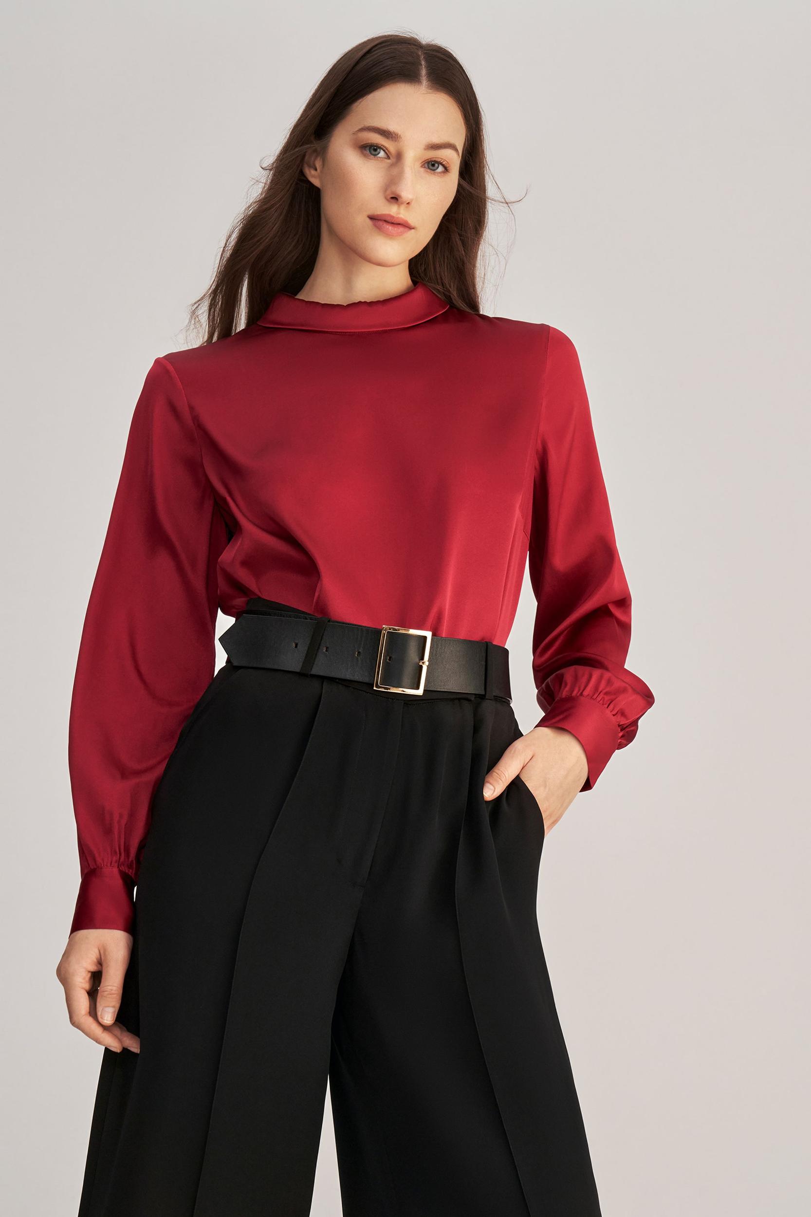 Stand Collar Long Sleeves  Silk Blouse Product Image