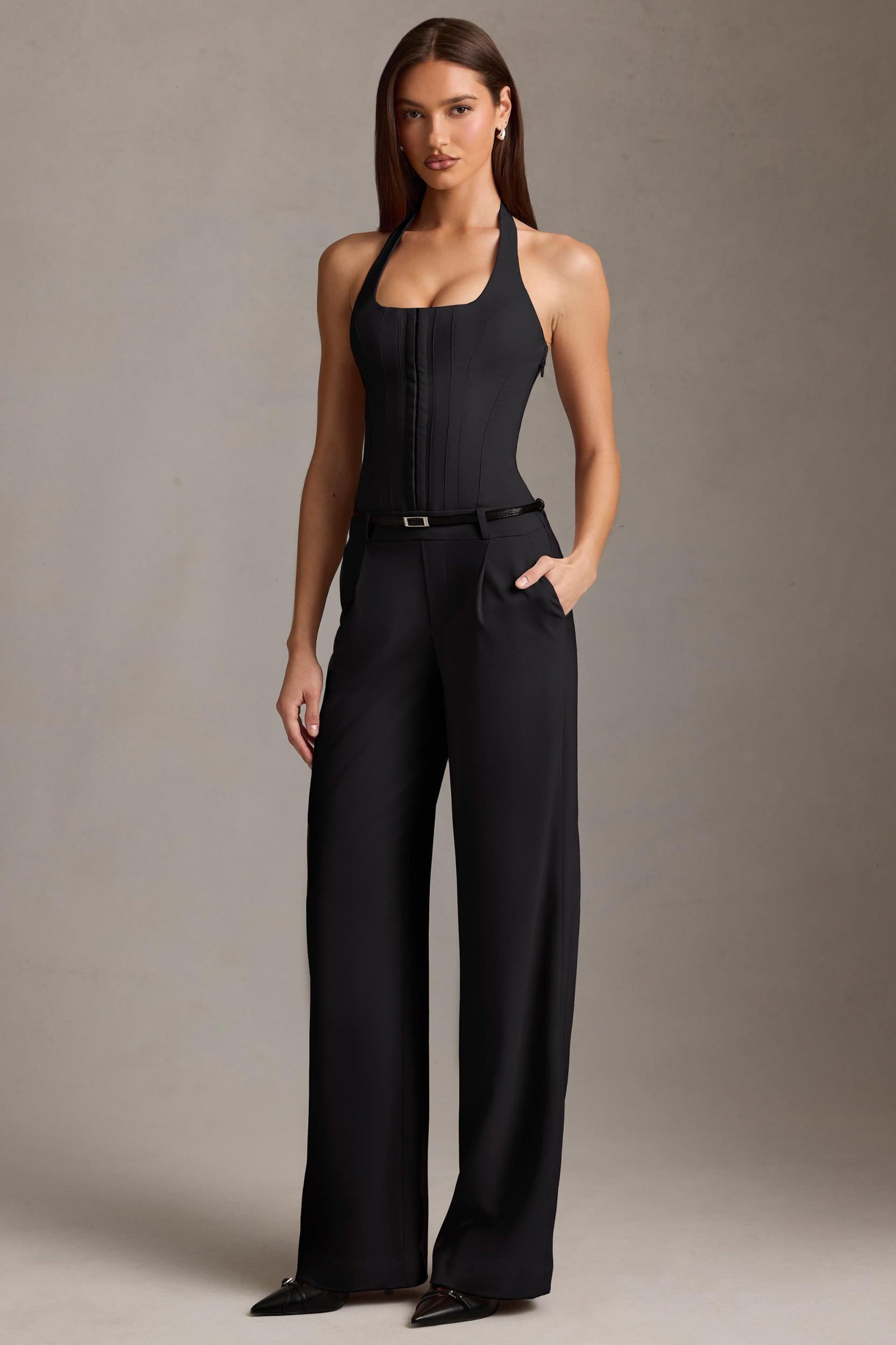Corset-Detail Halterneck Jumpsuit in Black Product Image