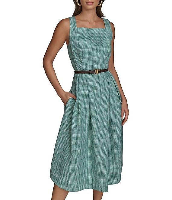Donna Karan Tweed Square Neck Sleeveless Belted Fit and Flare Midi Dress Product Image