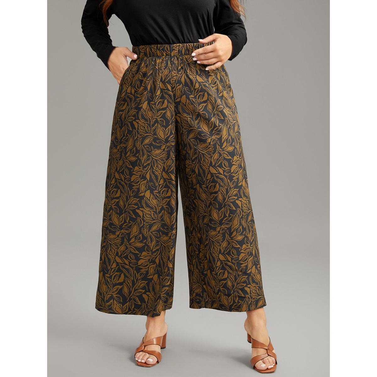 Plus Size Silhouette Floral Print Elastic Waist Wide Leg Pants Women Black Vacation Wide Leg High Rise Dailywear Pants BloomChic 12/L Product Image