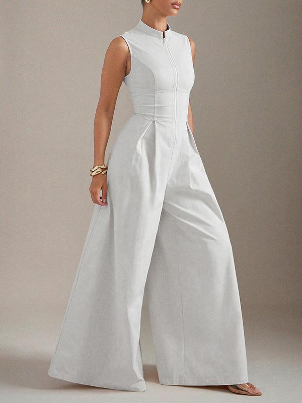 Sleeveless Wide Leg Pleated Solid Color Split-Joint Zipper Round-Neck Jumpsuits Product Image