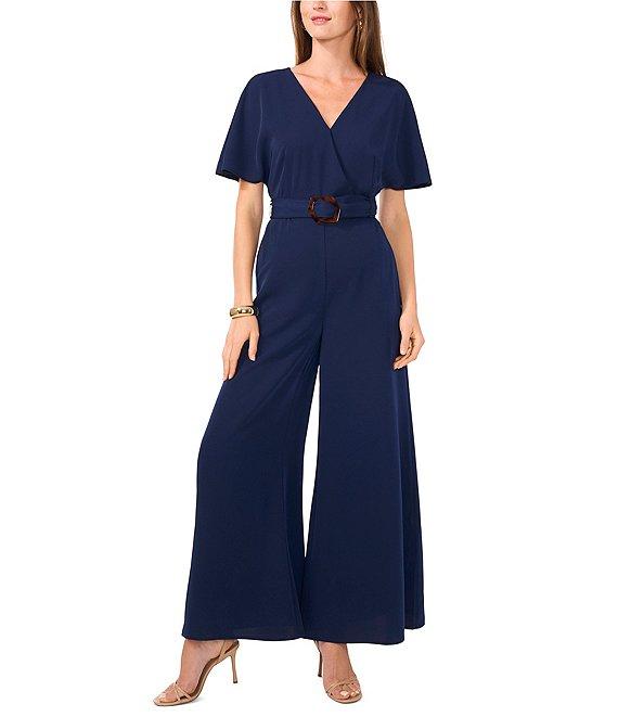 Vince Camuto Crinkle Twill V-Neck Short Sleeve Belted Wide Leg Jumpsuit Product Image
