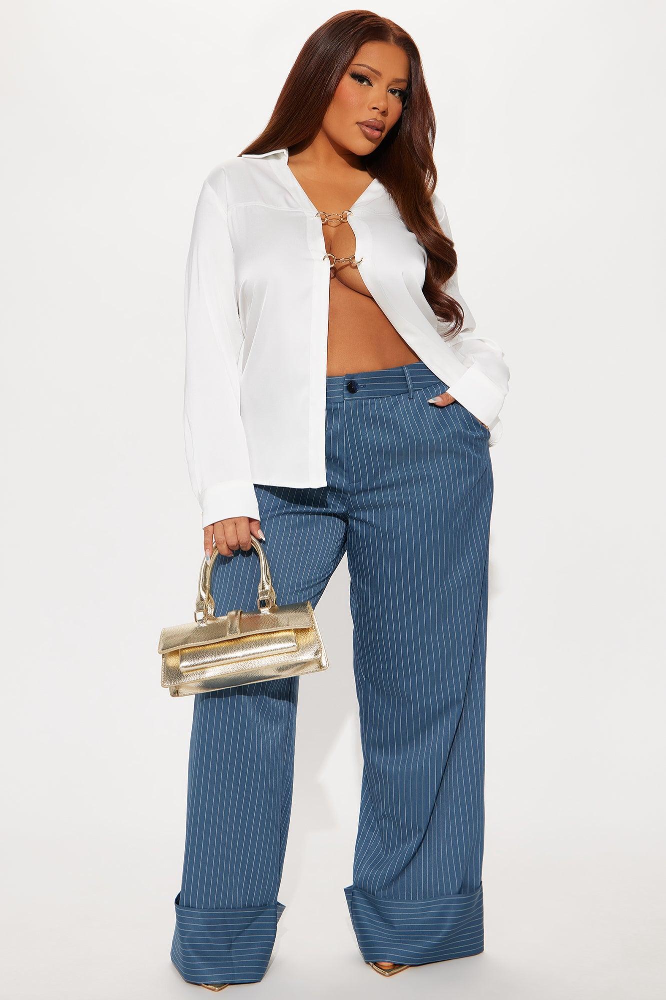 On A Tight Schedule Pinstripe Cuffed Trouser Pant - Blue Female Product Image