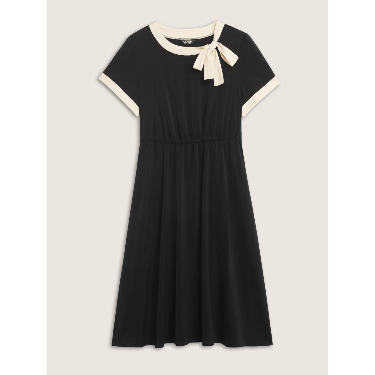 Plus Size Bow Neckline Stretchy Waist Midi Dress Black Women Retro Tie knot Ribbon-tied collar Short sleeve Curvy BloomChic 22-24/3X Product Image