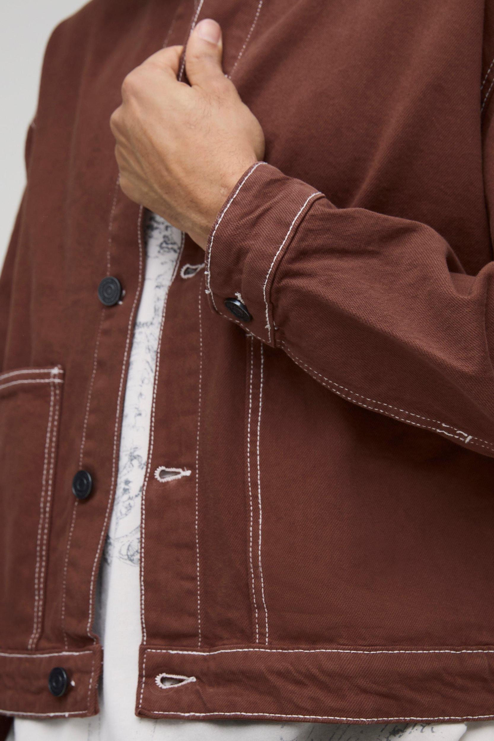 Boxy Harrington Contrast Stitch Jean Jacket | boohooMAN USA Product Image