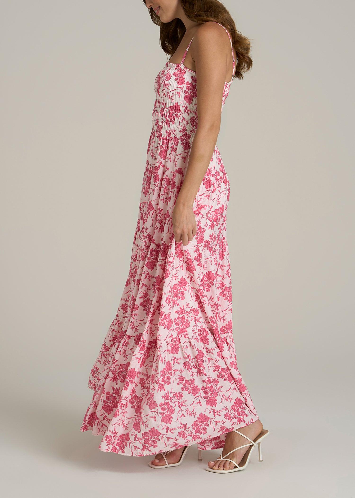 Strappy Tiered Maxi Dress for Tall Women in Pink Garden Floral Female Product Image