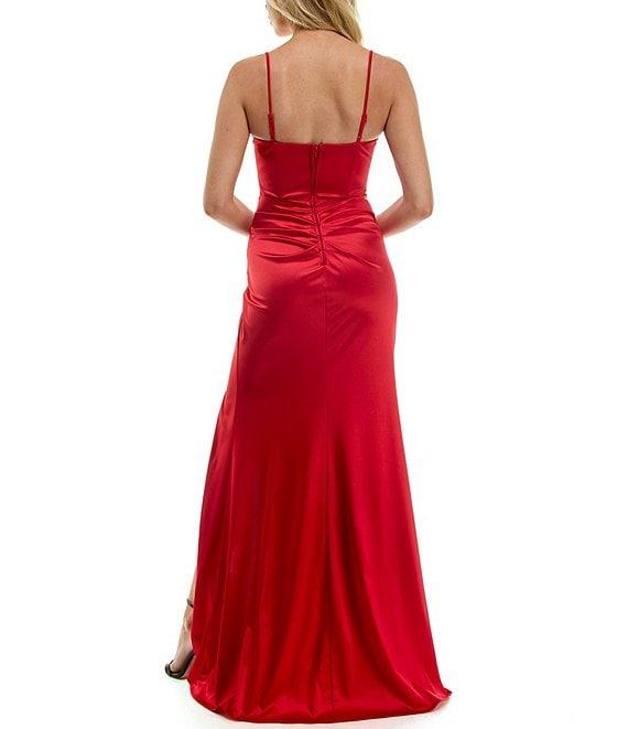 B. Darlin Sweetheart Neck Spaghetti Strap Bustier Bodice with Stones Pleated Front Slit Dress Product Image