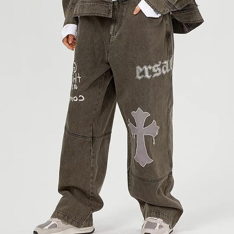Sopula Baggy Jeans Vintage Cross-strap Denim Pants Product Image