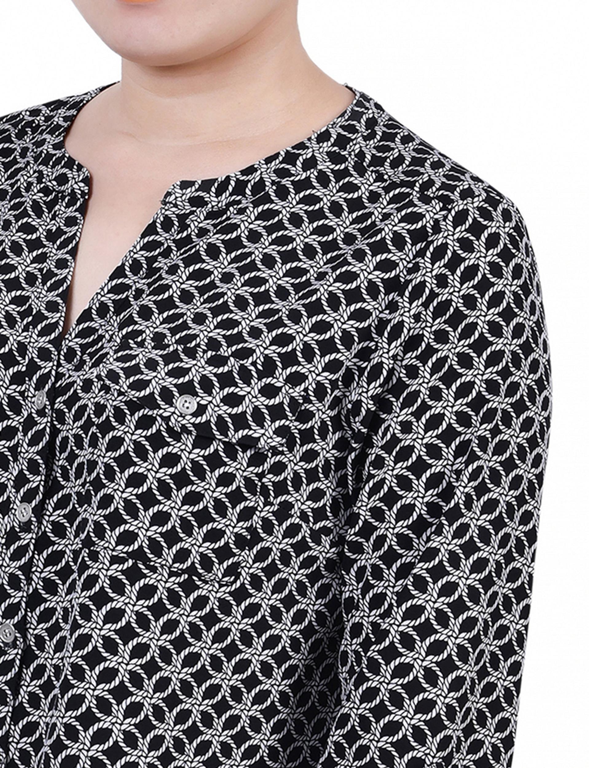 Black White Rope Iconic 3/4 Roll Tab Sleeve Mandarin Collar Blouse - Petite Product Image