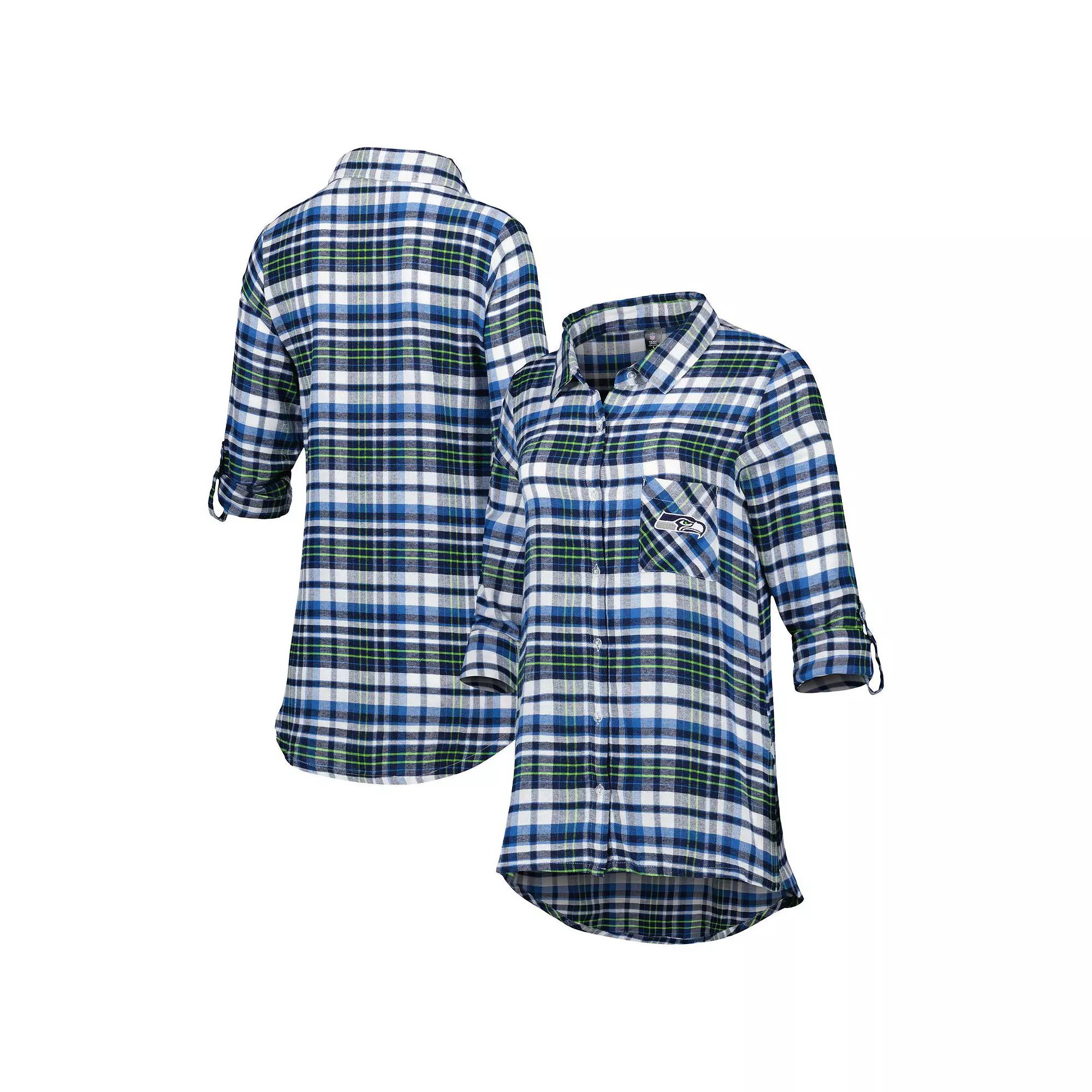 Women's Concepts Sport College Navy/Neon Green Seattle Seahawks Mainstay Flannel Full-Button Long Sleeve Nightshirt, Size: Large, Blue Product Image