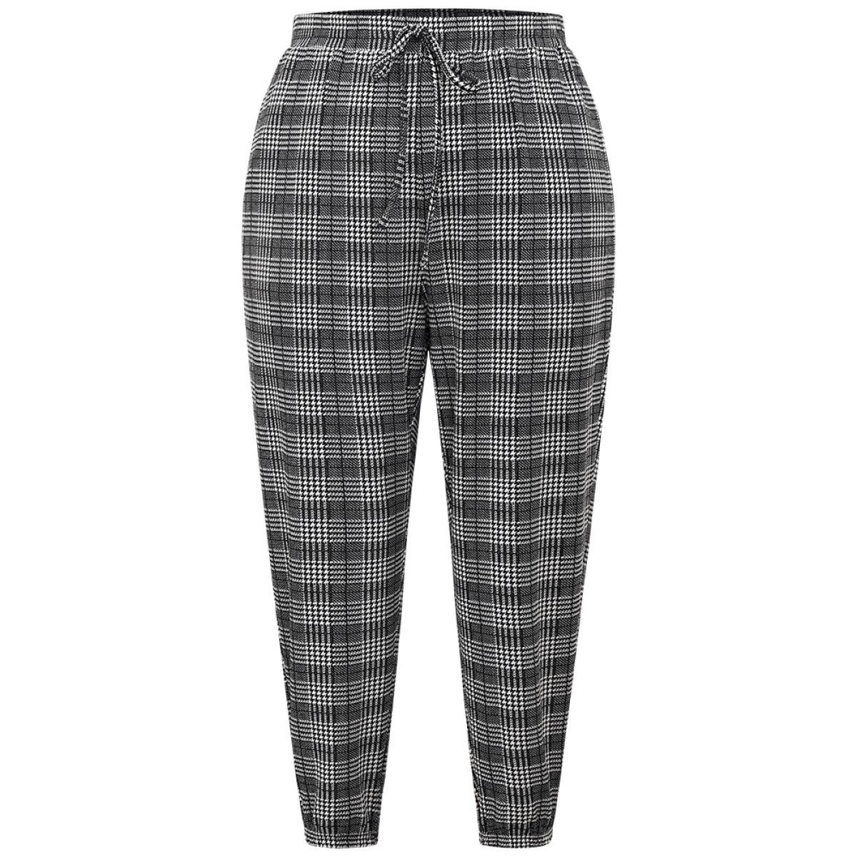 Houndstooth Ties Elastic Waist Sweatpants Black Plus Size Women Casual Dailywear Cross straps 10/M Bloomchic Product Image