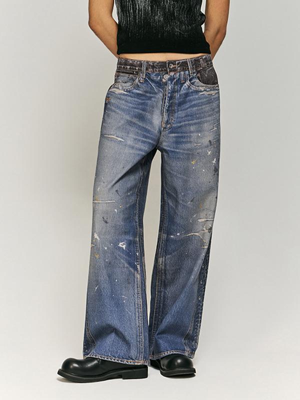 Printed Jeans With Spliced Waist Side Straps Product Image