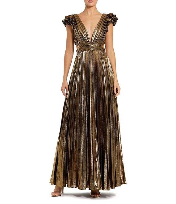 Mac Duggal Ruffle Sleeve Lace Back Pleated Metallic Aline Gown Product Image