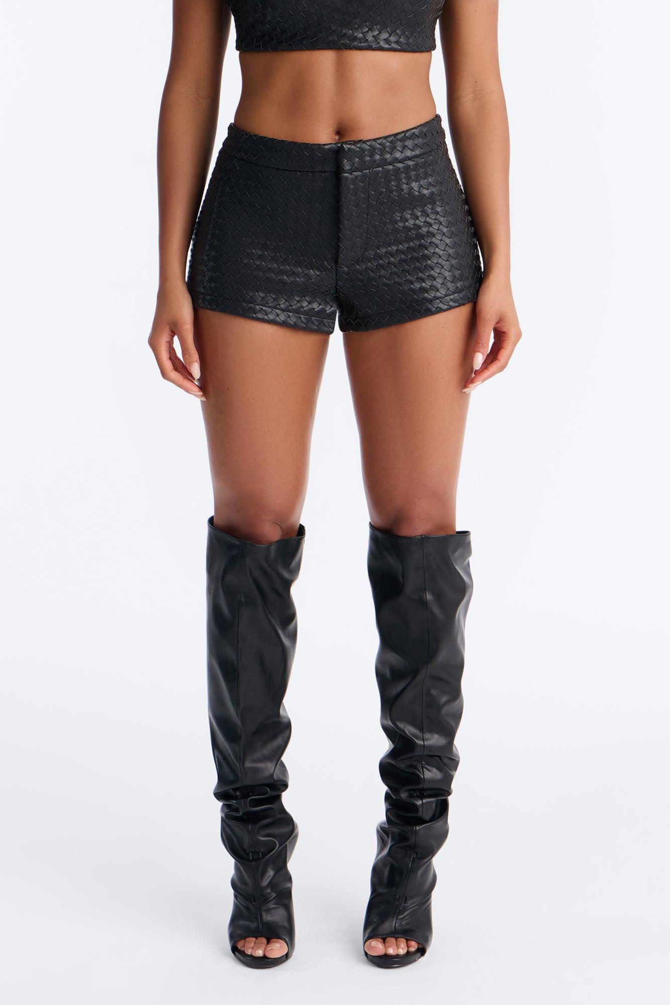 Vivian Woven Faux Leather Micro Short - Black Female Product Image