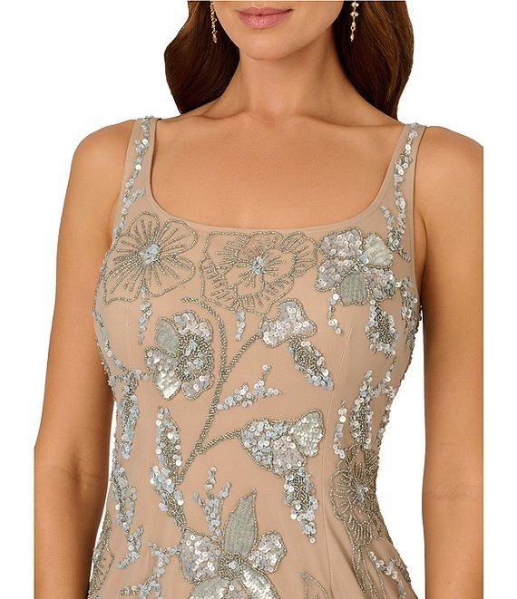 Adrianna Papell Square Neck Floral Beaded Mesh Column Gown Product Image