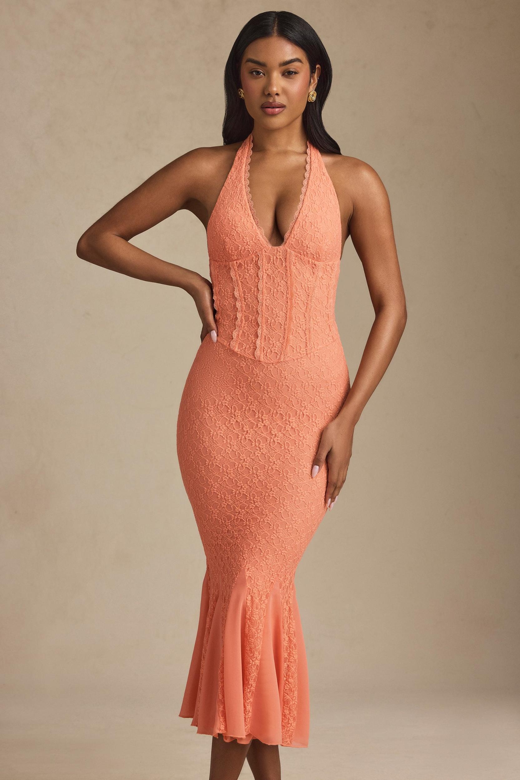 Halterneck Corset Lace Midaxi Dress in Peach Product Image