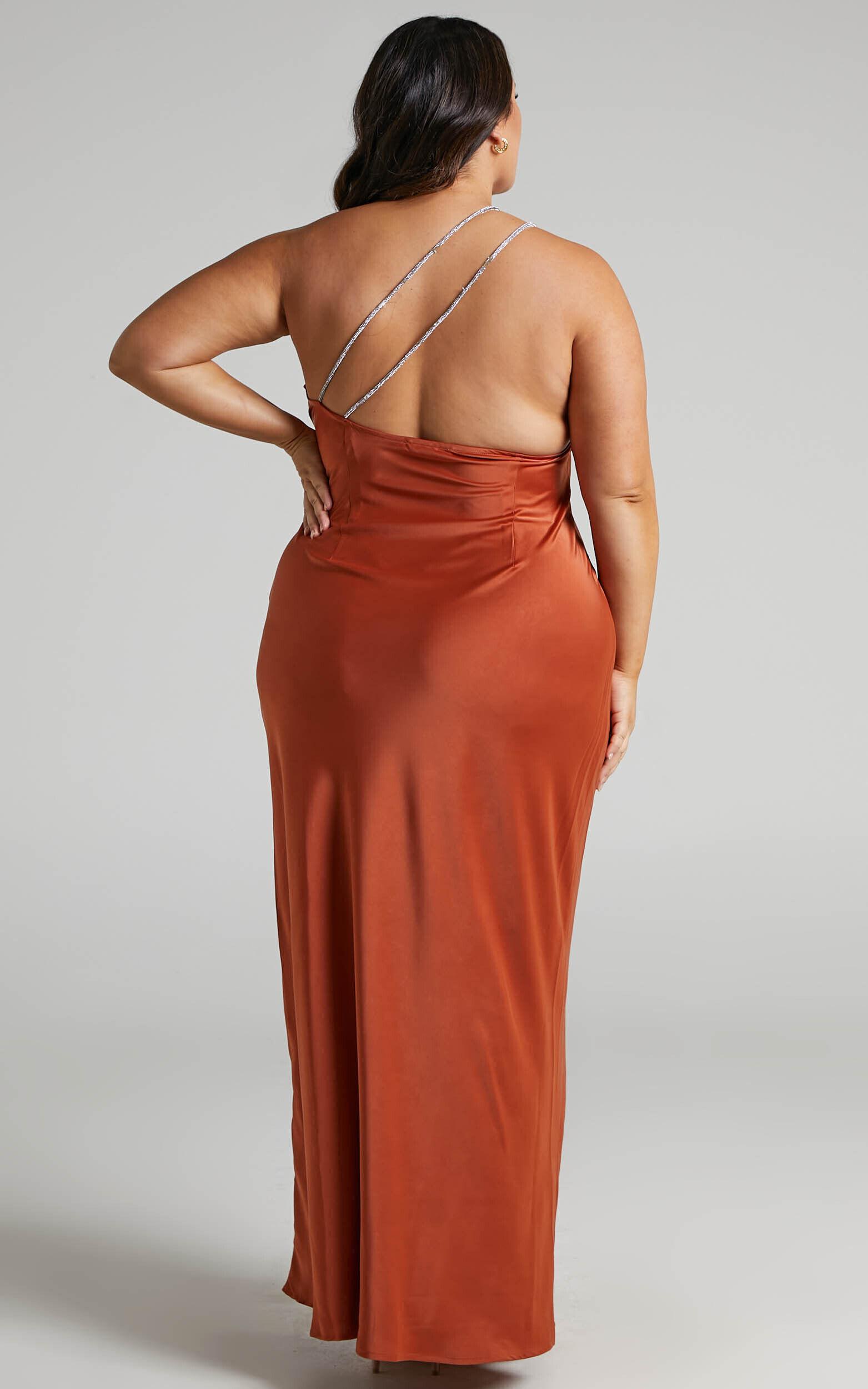 Elzales Midi Dress - One Shoulder Beaded Strap Satin Dress in Rust Product Image