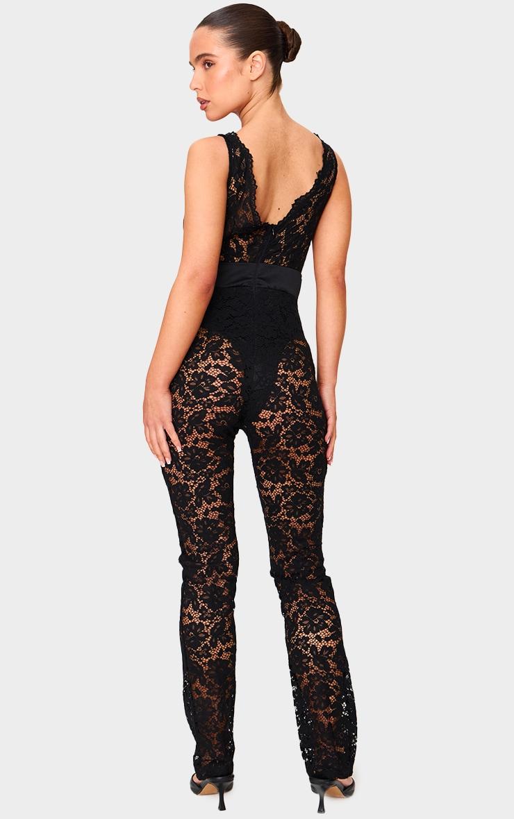 Petite Black Lace Ribbon Detail Straight Leg Jumpsuit Product Image