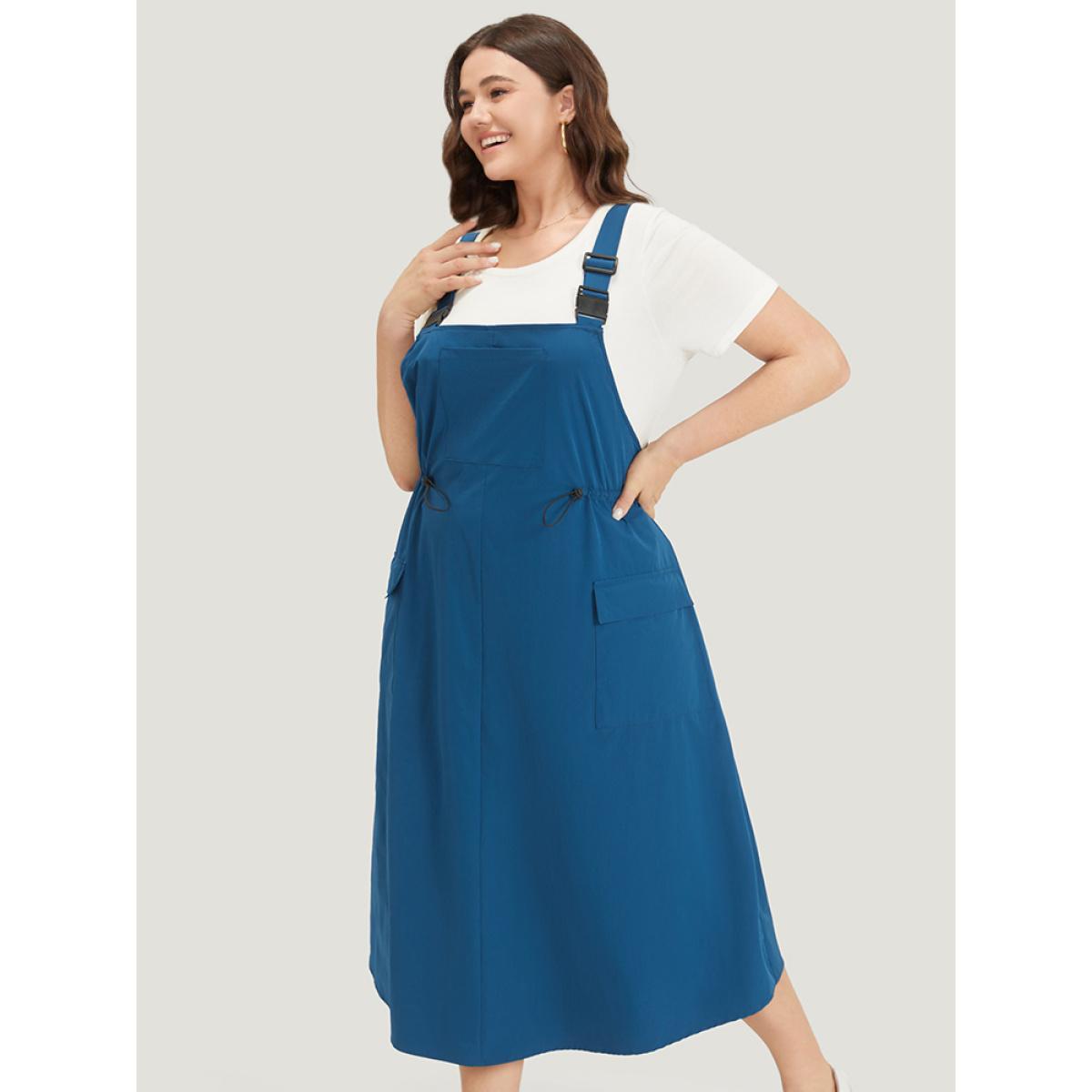 Plus Size Solid Drawstring Flap Pocket Overall Cami Dress Aegean Women Casual Adjustable Straps Spaghetti Strap Sleeveless Curvy Midi Dress BloomChic 10/M Product Image