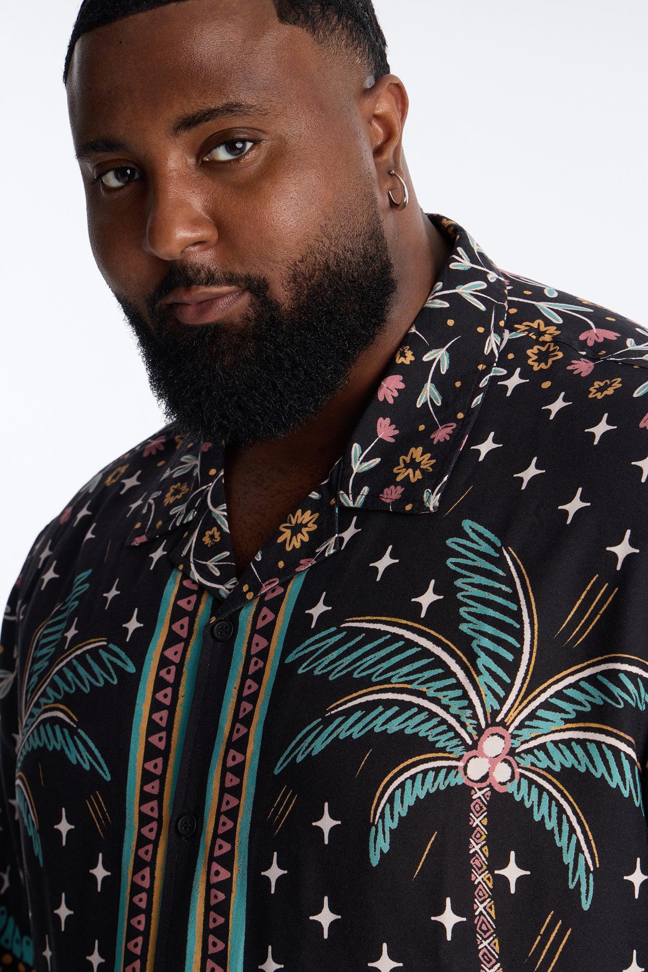 Tropical Twilight Resort Short Sleeve Cuban Collar Shirt - Black Male Product Image