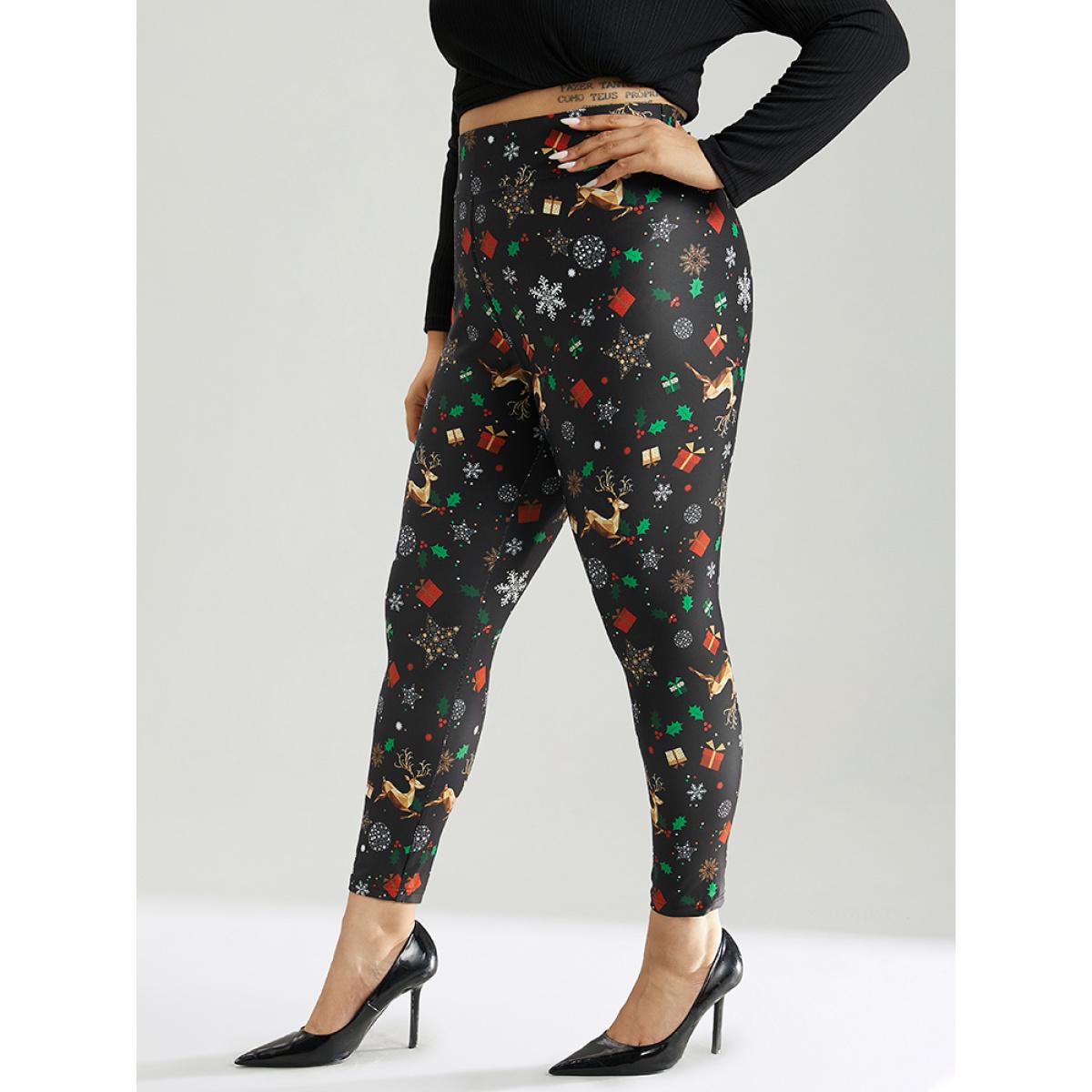 Plus Size Christmas Print Elastic Waist Leggings Women Black Casual High stretch Skinny High Rise Dailywear Leggings BloomChic 28/5X Product Image
