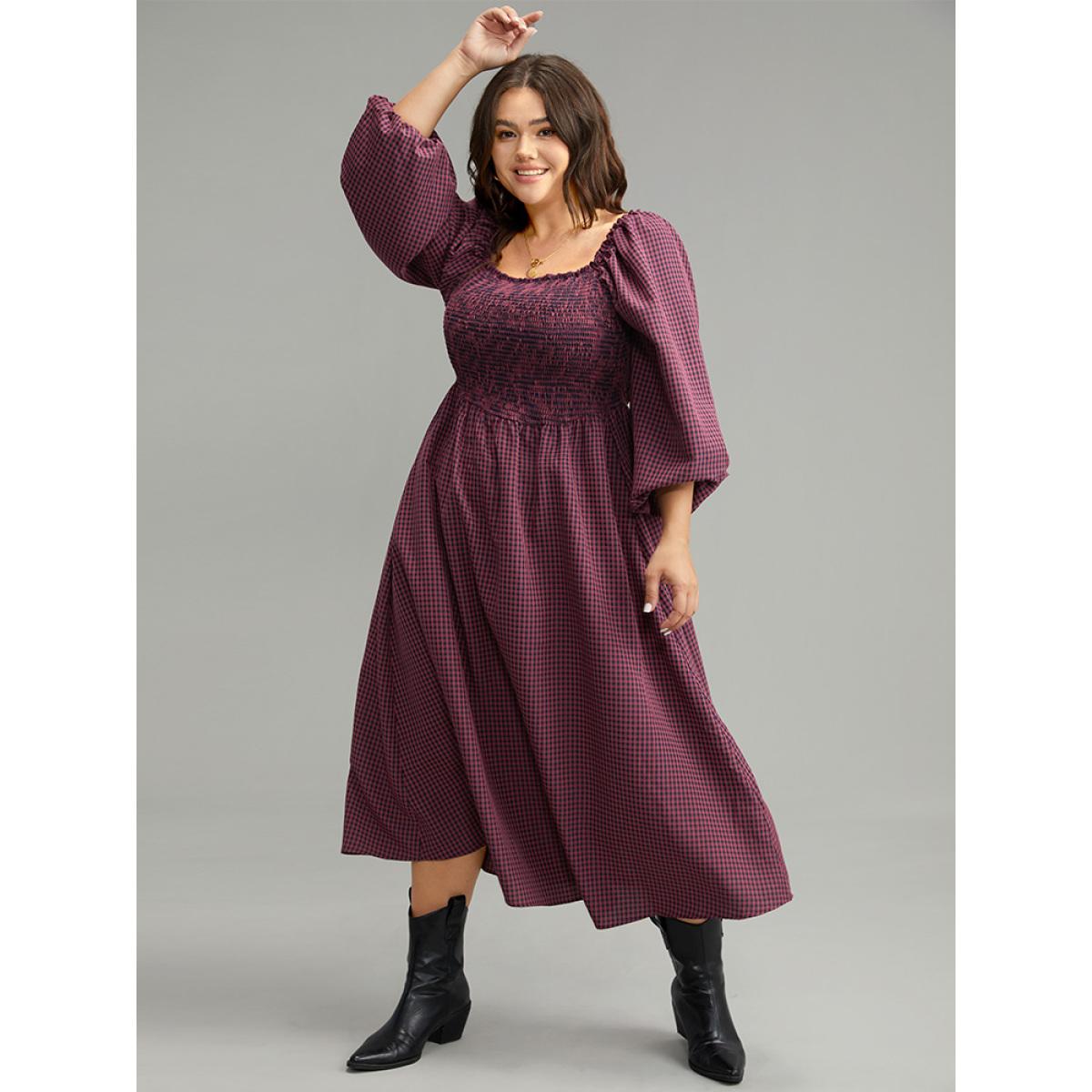 Plus Size Gingham Square Neck Frill Trim Shirred Dress RedViolet Women Casual Elastic cuffs Square Neck Long Sleeve Curvy Midi Dress BloomChic 22-24/3X Product Image