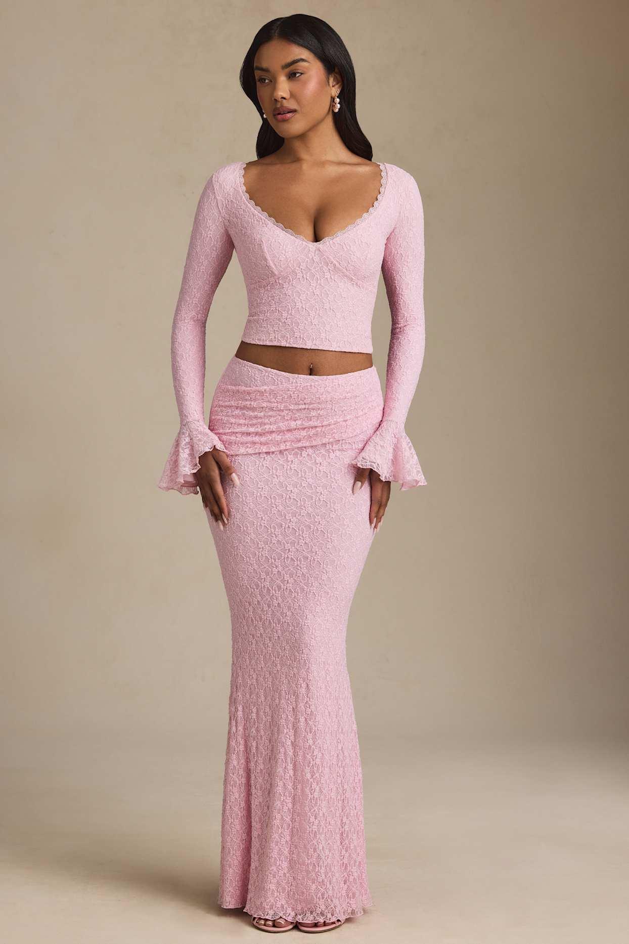 Draped Low-Rise Lace Maxi Skirt in Soft Pink Product Image