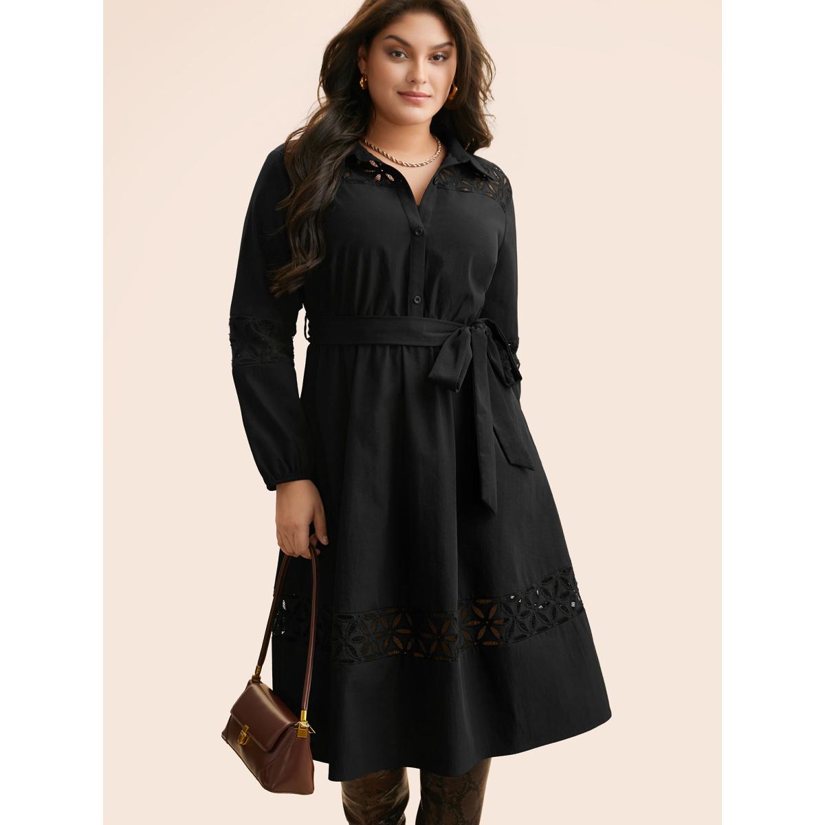 Plus Size Solid Button Up Woven Ribbon Dress Black Women At the Office Woven ribbon&lace trim Shirt collar Long Sleeve Curvy BloomChic 14-16/1X Product Image
