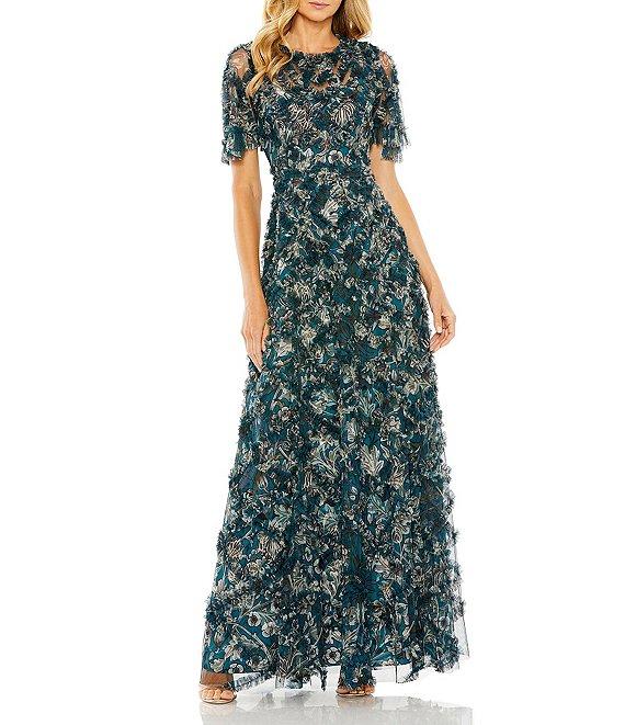 Mac Duggal Flutter Sleeve Ruffle Mesh Overlay Print Aline Gown Product Image