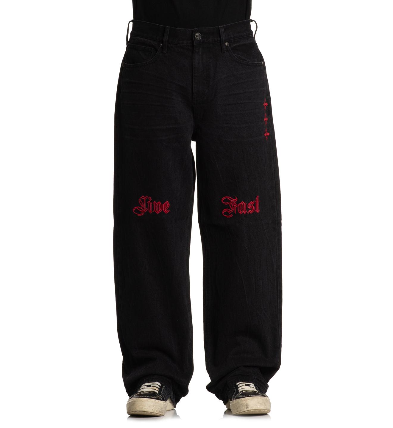 Wide Leg Live Fast Black Jeans Male Product Image