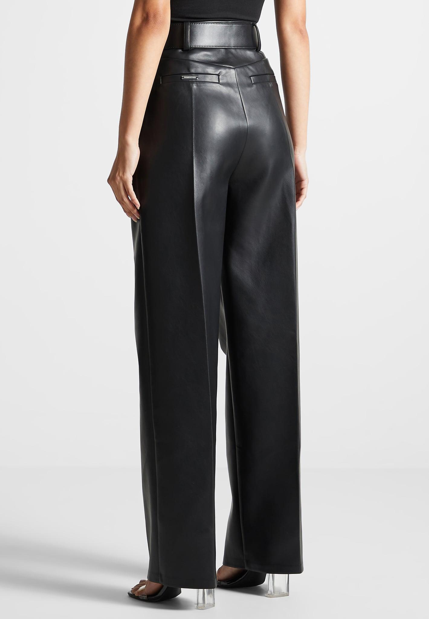 Leather Pleated Trousers with Eiffel Belt - Black Female Product Image