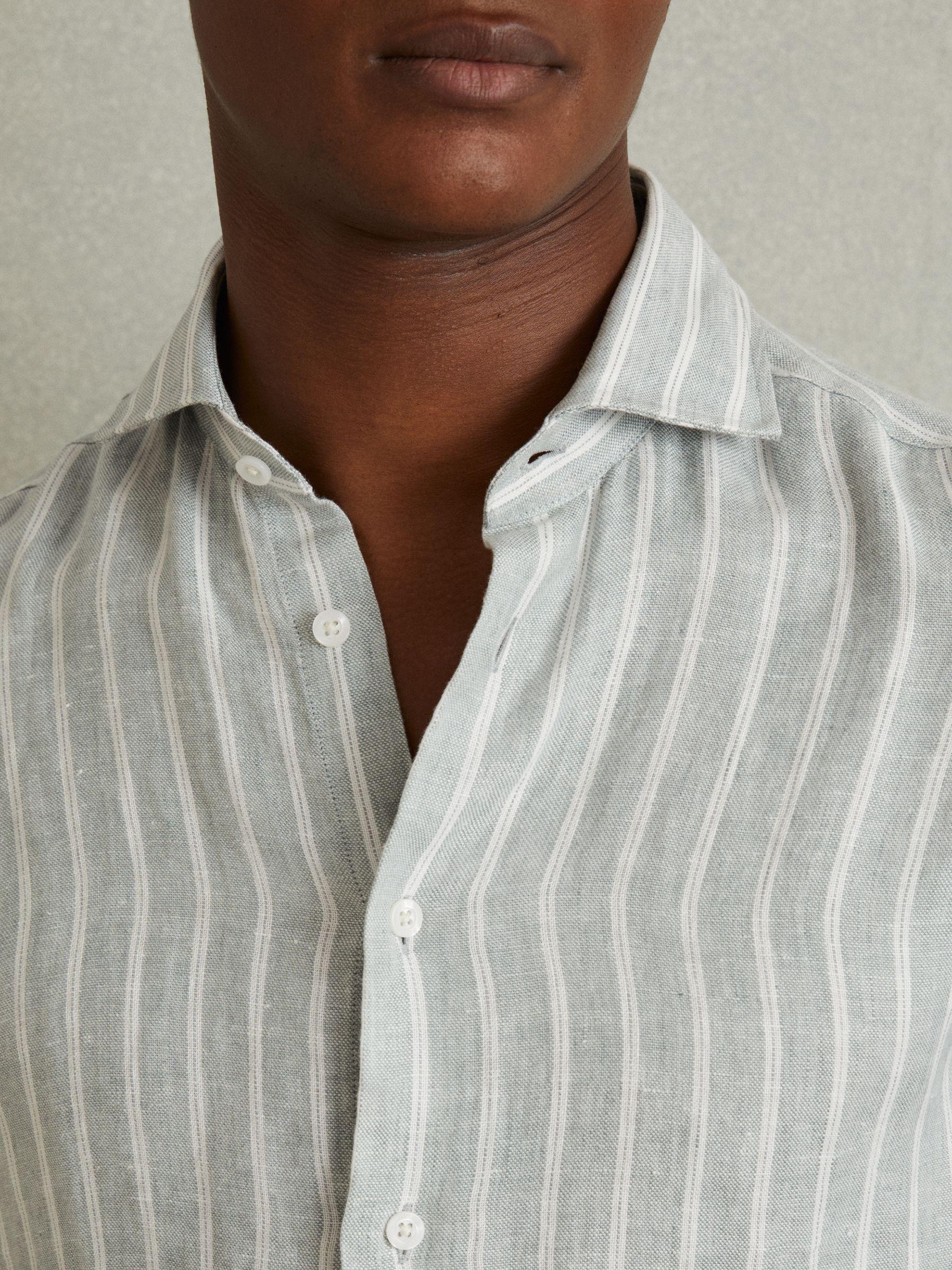 Linen Striped Long Sleeve Shirt in Green Product Image