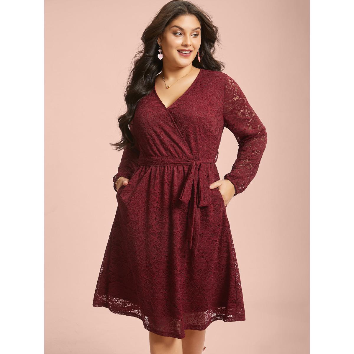 Plus Size Crochet Lace Mesh Surplice Neck Belted Dress Burgundy Women Elegant Texture Party Curvy Bloomchic 14-16/1X Product Image
