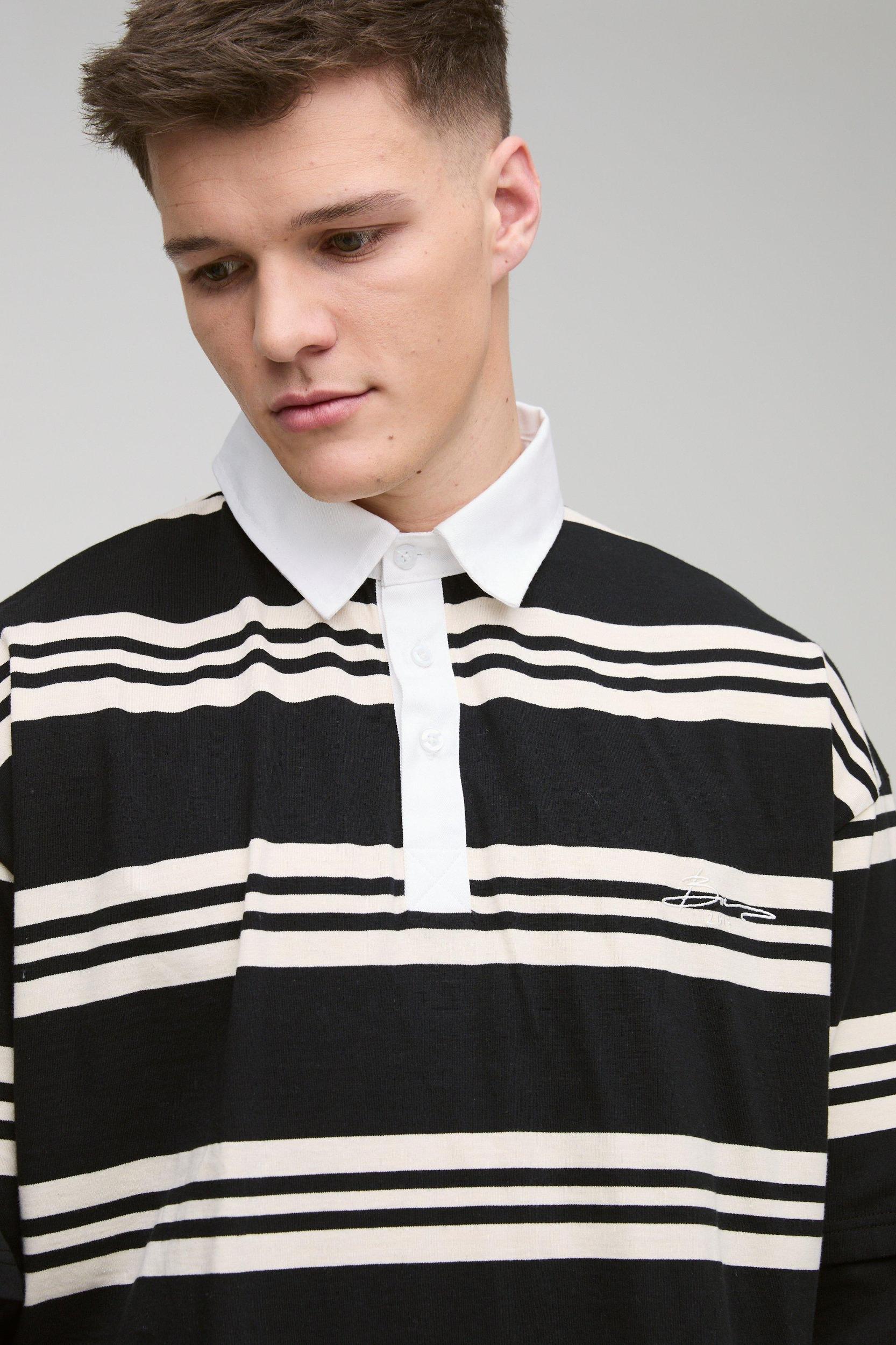 Tall Oversized Embroidered Faux Layer Stripe Polo | boohooMAN USA Product Image