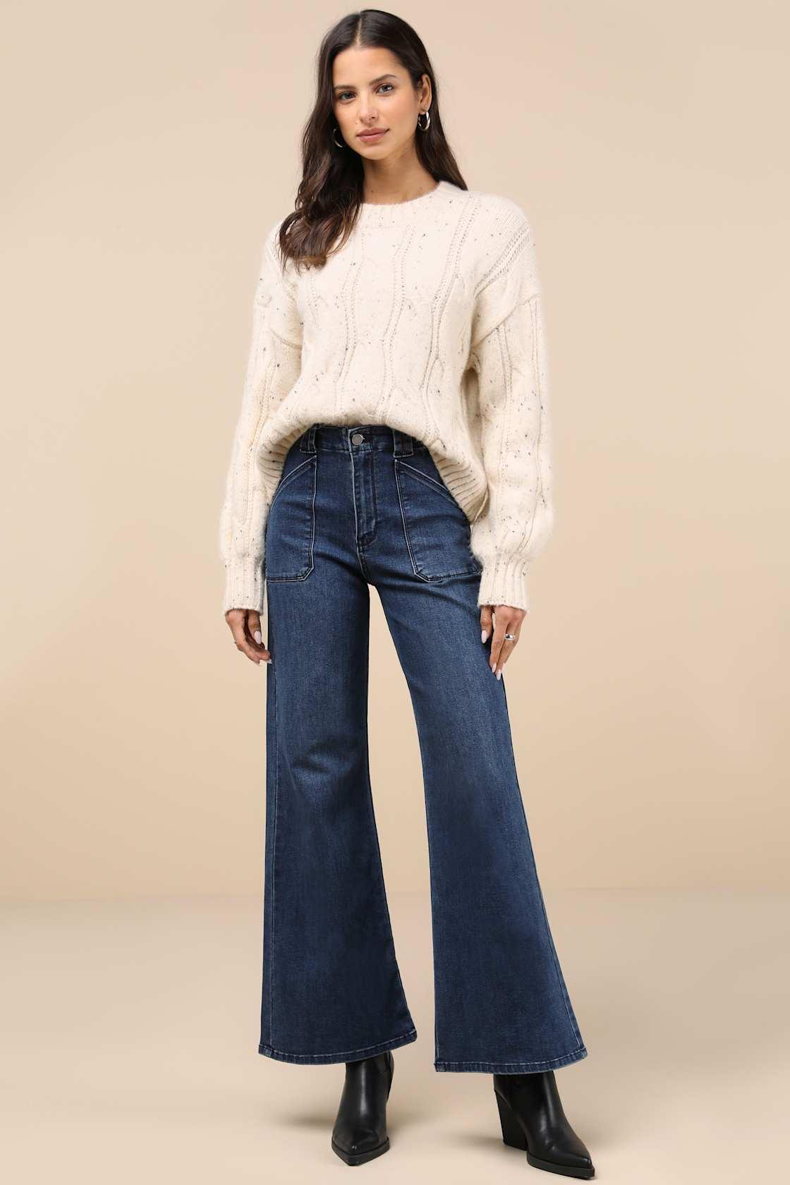 Trending Staple Dark Wash High-Rise Flare Jeans Product Image