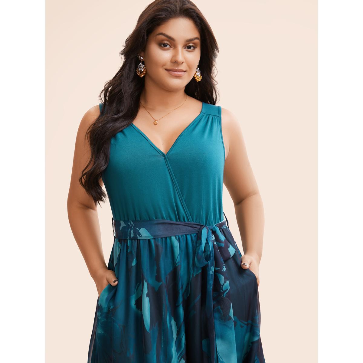 Plus Size Floral Print Belted Patchwork Pocket Tank Dress Aegean Women Glamour Wrap Overlap Collar Sleeveless Curvy Midi Dress BloomChic 28/5X Product Image