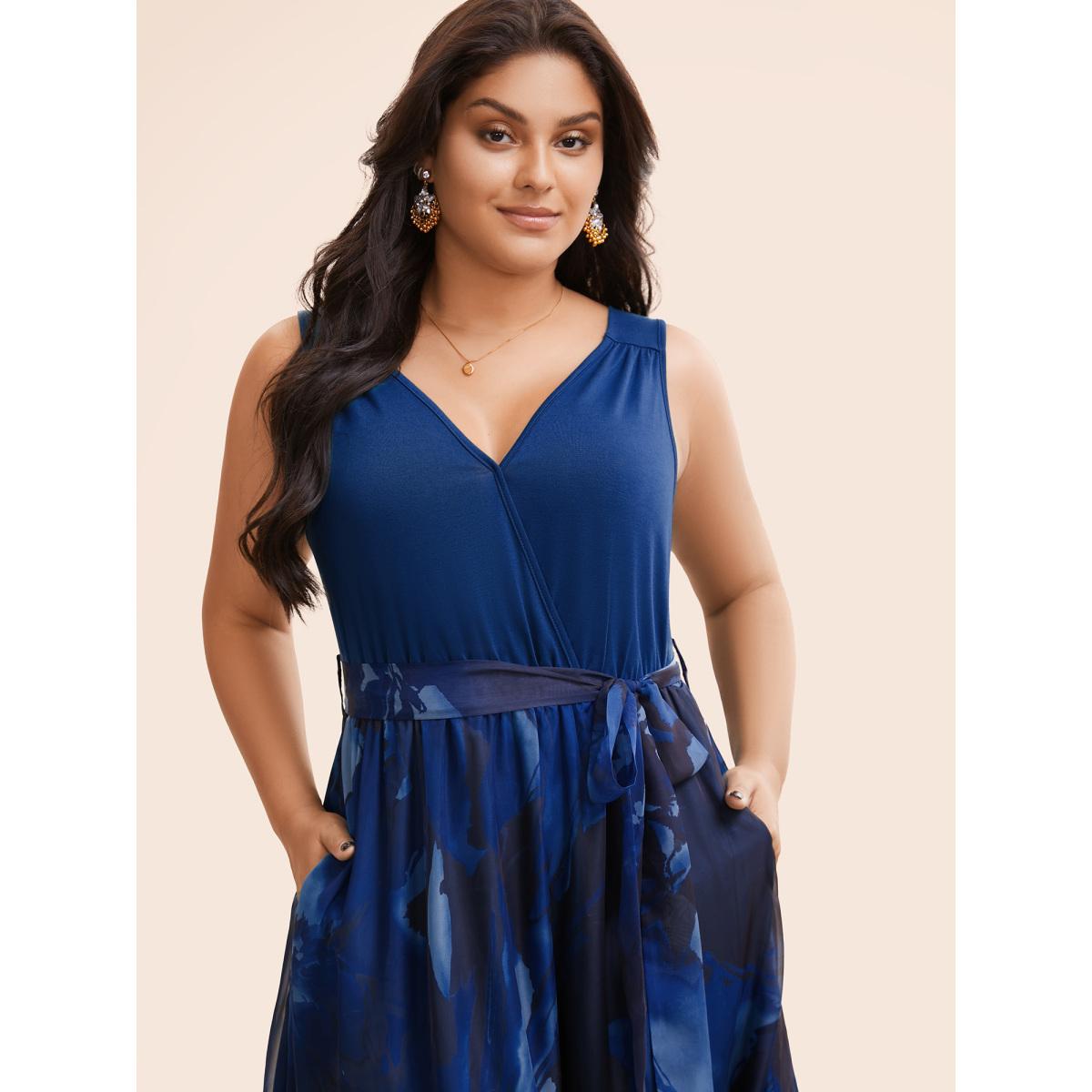 Plus Size Floral Print Belted Patchwork Pocket Tank Dress Black Women Glamour Wrap Overlap Collar Sleeveless Curvy Midi Dress BloomChic 26/4X Product Image