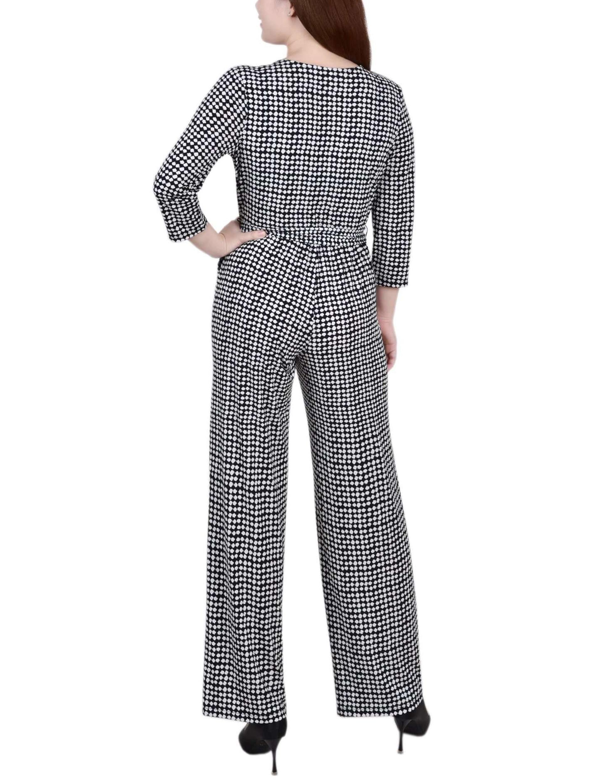 Black Polka Dot 3/4 Sleeve Belted Jumpsuit - Petite Product Image
