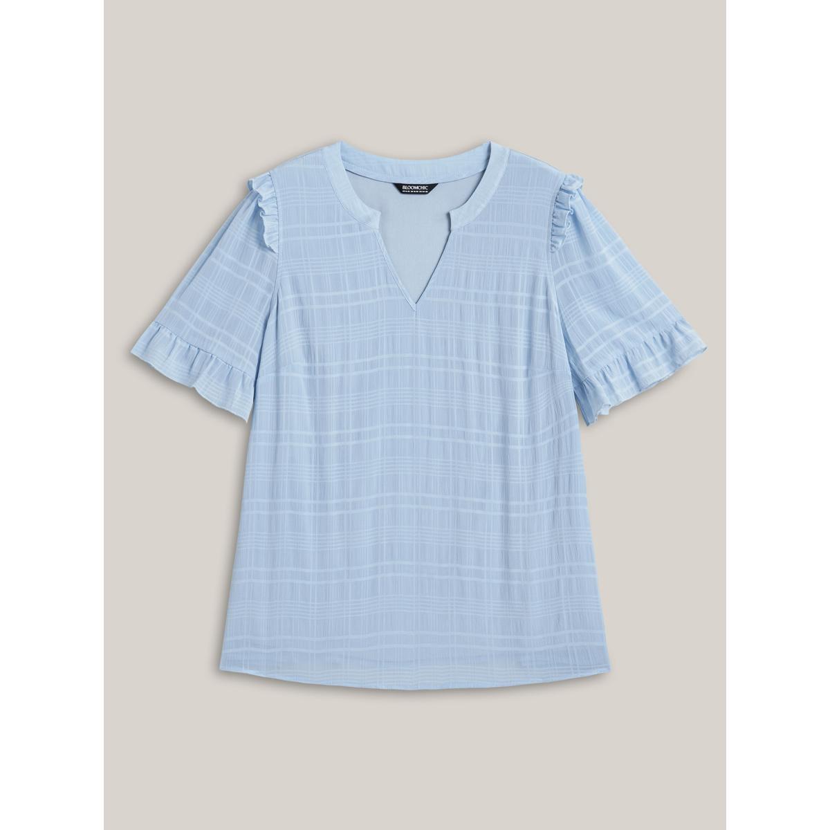 Plus Size LightBlue Checked Texture Jacquard Notched Collar Blouse Women Short sleeve Notched collar Elegant Blouses BloomChic 22-24/3X Product Image