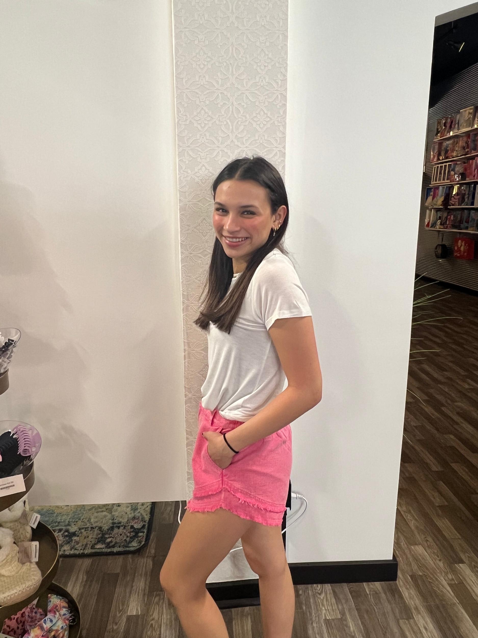 Pink Frayed Layered Washed Cotton Twill Denim Shorts Product Image