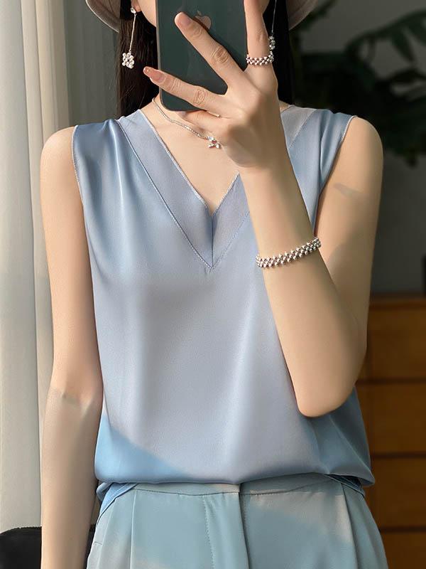 Loose Sleeveless Solid Color V-Neck Vest Top Product Image