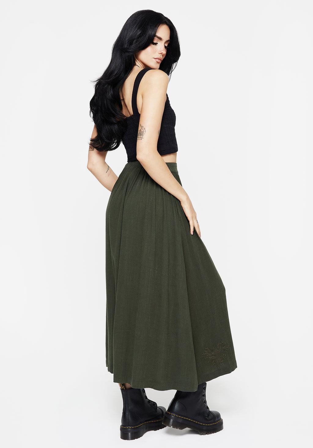 Foliate Linen-Blend Embroidered Button Up Midaxi Skirt - Green Product Image