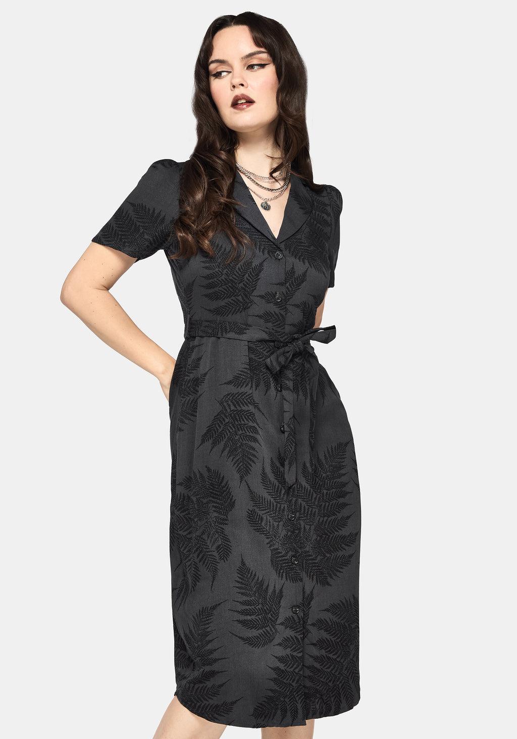 Ruin Fern Printed Button Up Midi Shirt Dress - Grey Product Image