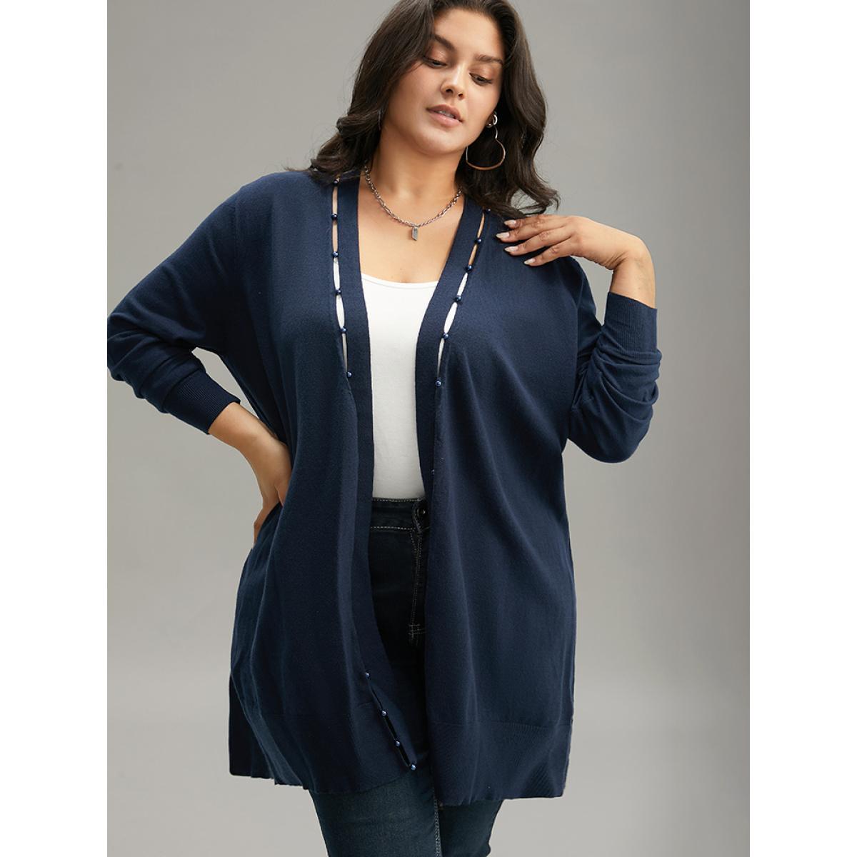 Plus Size Supersoft Essentials Plain Hollow Out Pearl Beaded Open Front Cardigan Indigo Women Casual Loose Long Sleeve Dailywear Cardigans BloomChic 30/6X Product Image