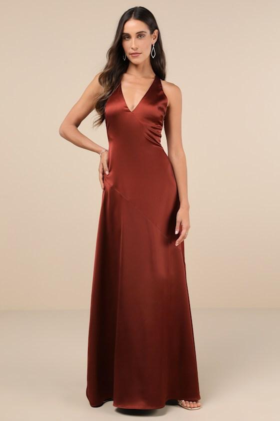 Purely Elegant Rust Brown Satin Twist-Back Maxi Dress Product Image